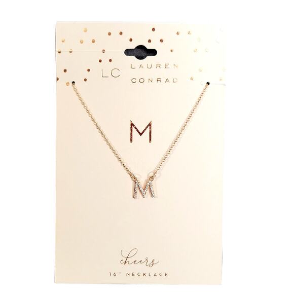 16" Initial M Necklace Rose Gold Tone Small Rhinestone Charm New Lauren Conrad - Picture 1 of 7